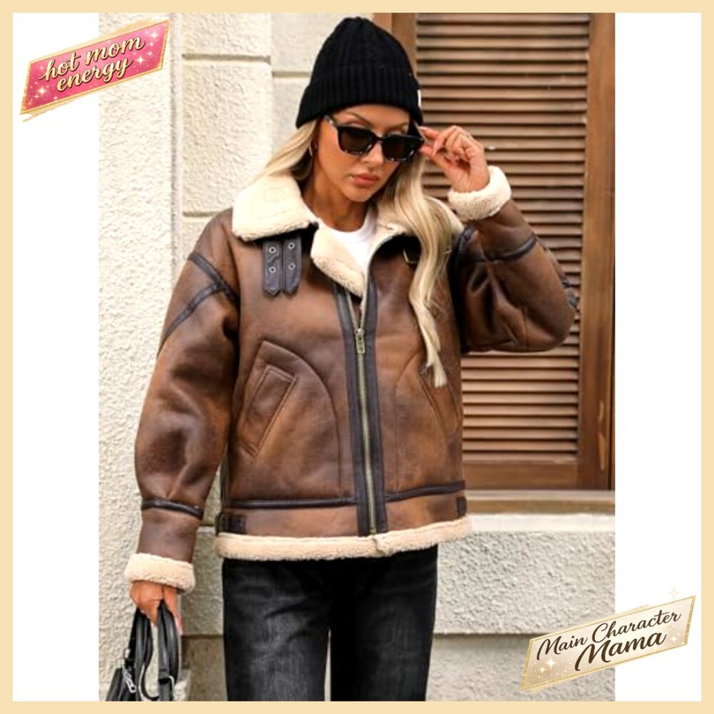 Faux Leather Sherpa Lined Bomber Jacket Aviator Style Winter Coat - Picture 6 of 7